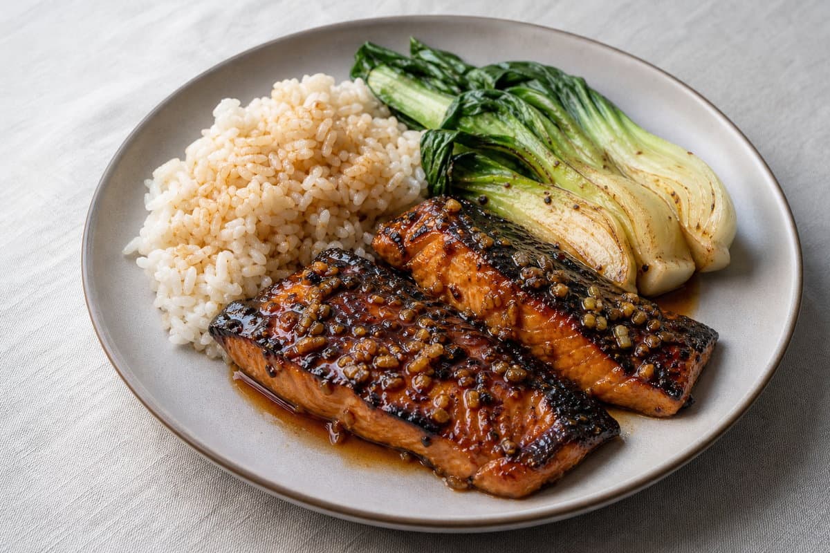 Soy-Glazed Trout with Rice & Seared Bok Choy
