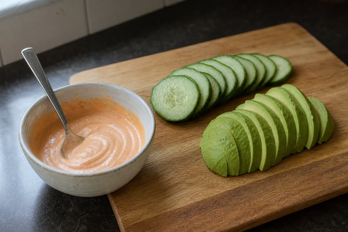 Sriracha mayo and toppings