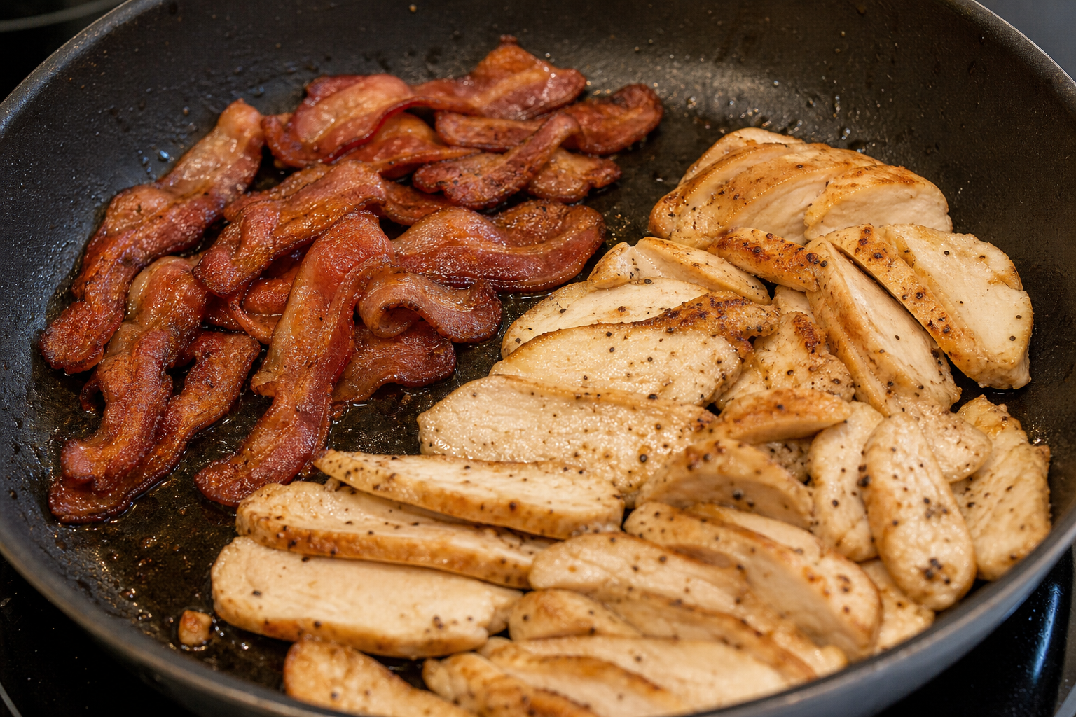 Cook the bacon and turkey